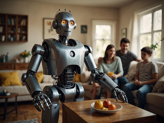 Household robot in a home environment with a family in the background